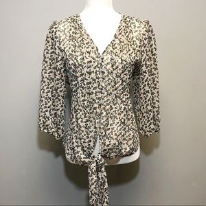 Bobeau | Sheer Printed Button Tie Short Sleeve Top